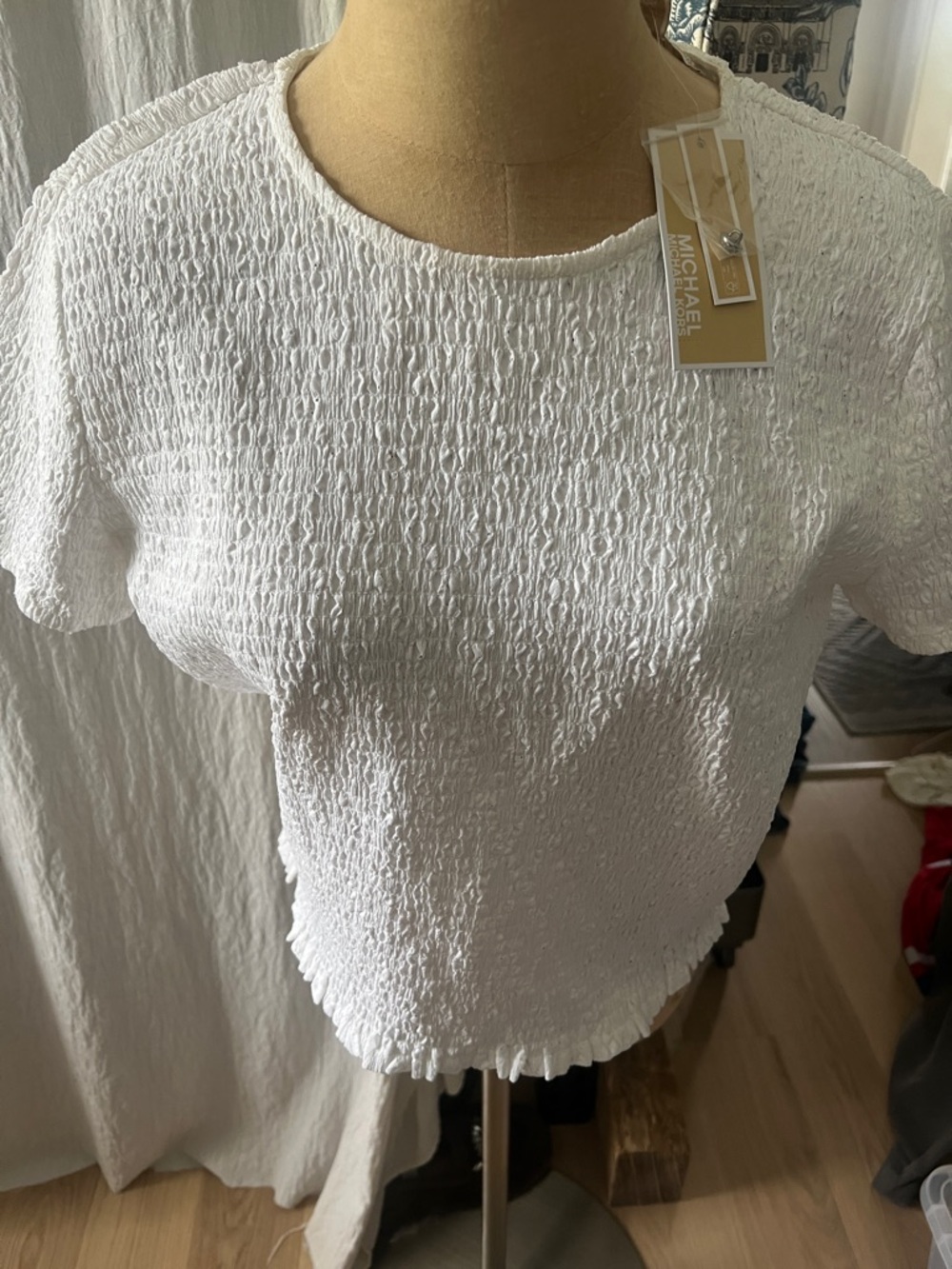MICHAEL Michael Kors White Crinkle Short Sleeve Crewneck Top